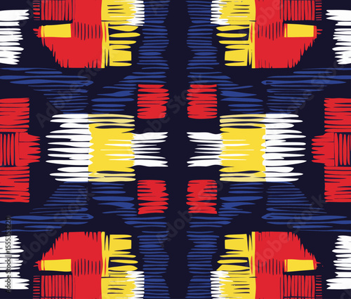 The combination of an African geometric square triangle colorful pattern and a modern aztec Kilim geometric seamless pattern in african colorful style creates a unique abstract geometric pattern,