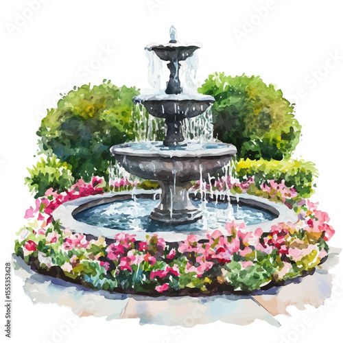Park Fountain Blooming Bushes, watercolor painting vector, isolated on a white background.