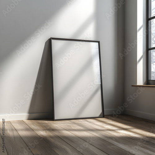 Blank frame leaning against a wall in a sunlit room, suitable for art display or product presentation mockup