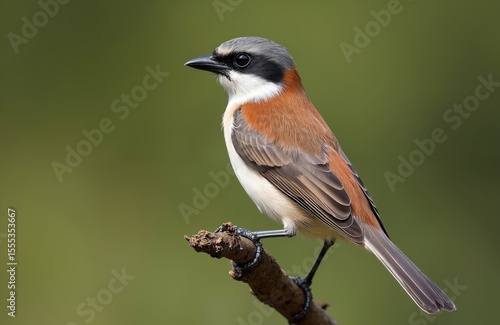 Red-backed shrike bird perches branch. Adult male Lanius collurio with striking plumage, grey head, black mask, white throat. Wildlife photo on green background.