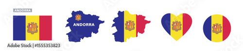 andorra flag and map set. andorra flag in official colors and proportions. independence day, map, circle and heart shaped andorra 