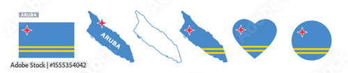 aruba flag and map set. aruba flag in official colors and proportions. independence day, map, circle and heart shaped aruba 