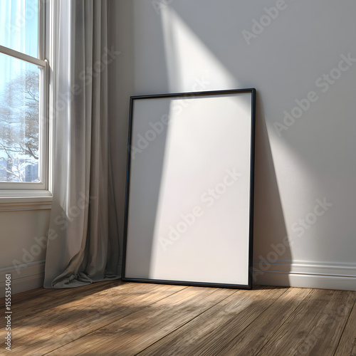 Blank picture frame leaning against a wall in a sunlit room, suitable for displaying artwork, photography, or promotional content.