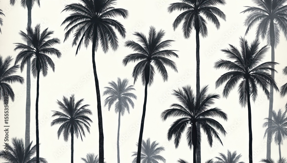 Fototapeta premium Palm tree pattern illustration on white background. Black, white palm trees on white background. AI-generated wallpaper design. Summer vacation theme. Tropical vibes, exotic, travel, paradise,