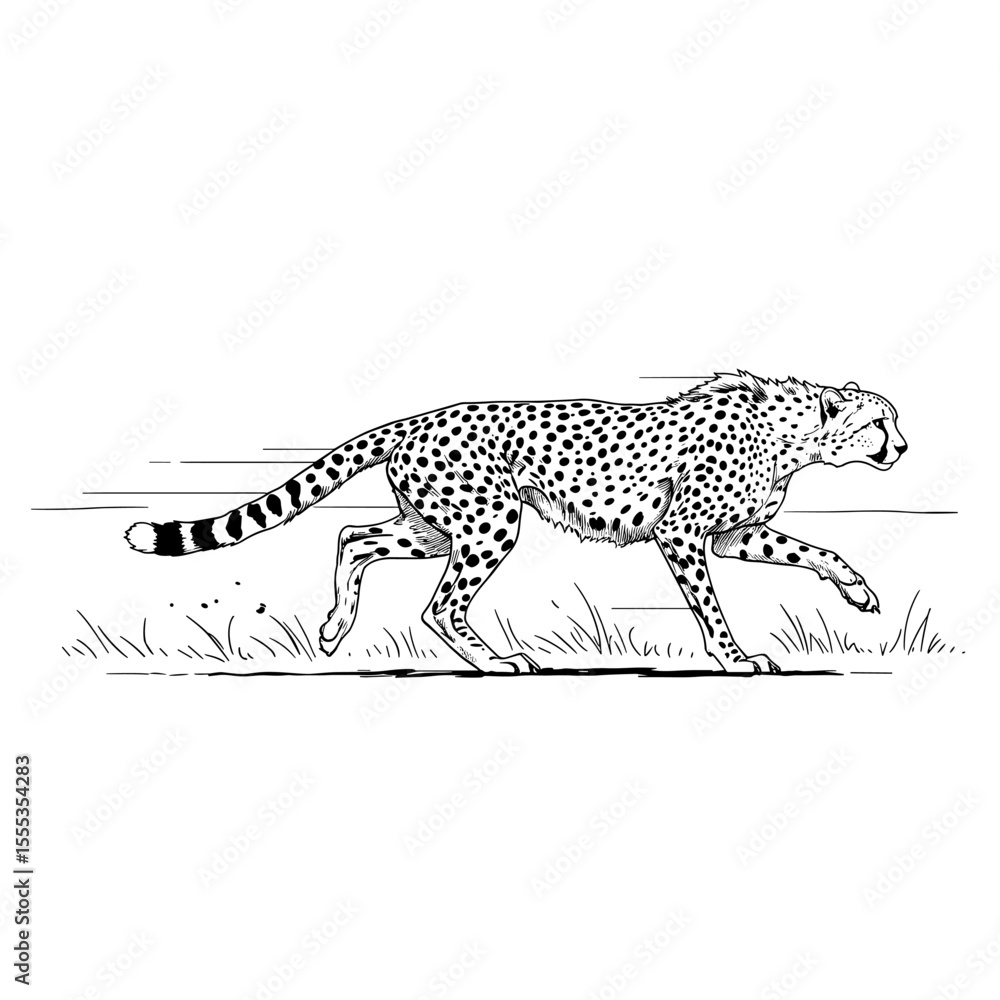 Obraz premium A cheetah dashes with fierce momentum through grassy terrain, its body stretched in full stride with spots and striped tail vividly illustrated in bold black-and-white lines.