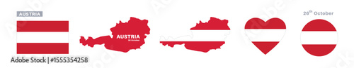 austria flag and map set. austria flag in official colors and proportions. independence day 26 october, map, circle and heart shaped austria 
