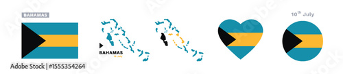 bahamas flag and map set. bahamas flag in official colors and proportions. independence day 10 july, map, circle and heart shaped bahamas 