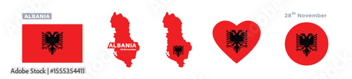 albania flag and map set. albania flag in official colors and proportions. independence day 28 november, map, circle and heart shaped albania 