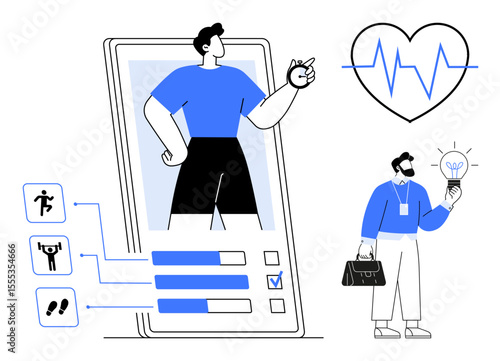 Mobile fitness tracking app with user stats, exercise icons, heart monitor, and businessman holding idea light bulb. Ideal for health app, wellness, technology, productivity, innovation fitness