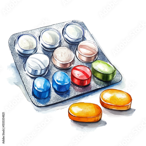 Pain Relievers, watercolor clipart vector, isolated on a white background.