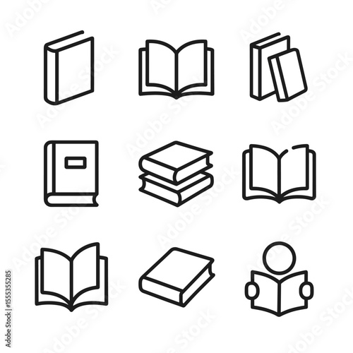 Clean book icon collection with education symbols. Outline symbols. Line design