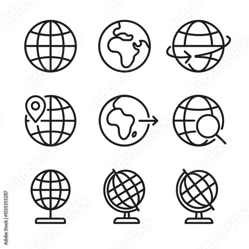 Clean globe icon collection with global symbols. Outline symbols. Line design