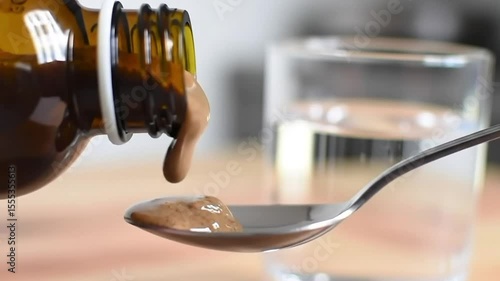 Brown liquid medicine being poured from a dark glass bottle into a silver spoon, with a glass of water in the background