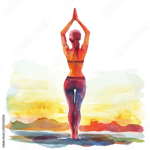 Outdoor Yoga Session Sunrise, watercolor painting vector, isolated on a white background.