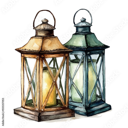 watercolor vector of Outdoor Lanterns, isolated on a white background.