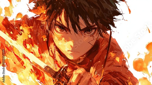 Anime-style man with intense gaze, wielding flaming katana in fiery, vivid setting