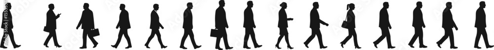 Business people walking silhouette set, professional motion poses, male and female figures, vector illustration for animation, design, presentation Business people walking silhouette set, professional motion poses, male and female figures, vector illustration for animation, design, presentation