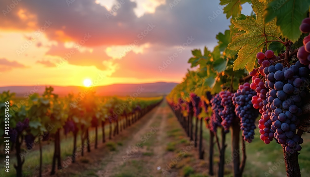 Naklejka premium Panoramic vineyard scene sunset. Rows of grape vines lead toward horizon. Ripe bunches of grapes glow golden hour. Golden light, vibrant colors create warm atmosphere. Agriculture, harvest season.