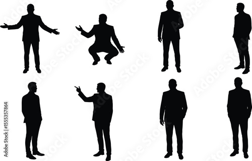 Businessman silhouette poses, professional corporate gesture set, standing and pointing man vector, formal suit posture collection, black illustration