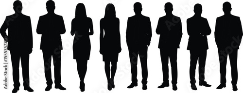 Business professionals standing, team silhouette, male and female figures, office staff group, vector illustration, corporate people, black silhouette, formal