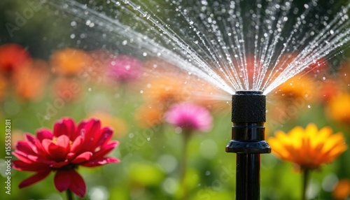 Fototapeta Naklejka Na Ścianę i Meble -  Sprinkler showering blooming flowers with fine mist. Bright garden background showcases vibrant plant care. Watering system, drops, green sunlight, gardening, landscape, nature scene.