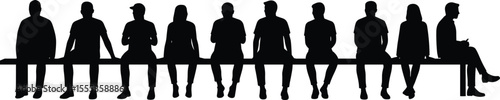 Group of people sitting on bench, silhouette illustration, casual sitting posture, waiting line concept, black vector artwork, public place design