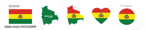 bolivia flag and map set. bolivia flag in official colors and proportions. independence day 6 august , map, circle and heart shaped bolivia 
