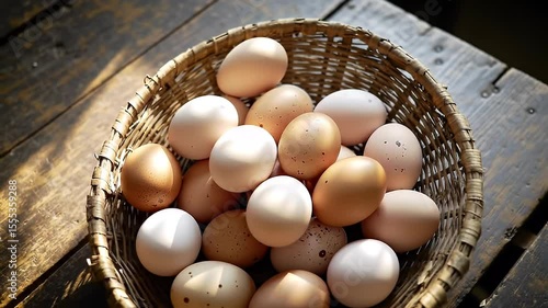 Basket filled with white and brown eggs on a wooden table in bright light