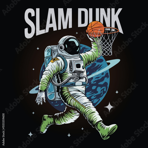 Slam Dunk: Astronaut in Front of The Planet with Basketball, Astronaut T-shirt Vector Design