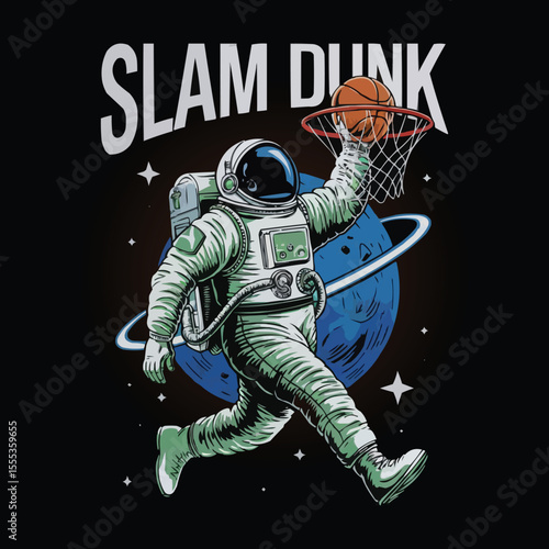 Slam Dunk: Astronaut in Front of The Planet with Basketball, Astronaut T-shirt Vector Design