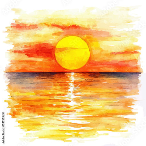 watercolor of Orange Sunset Calm Ocean, vector, isolated on a white background.