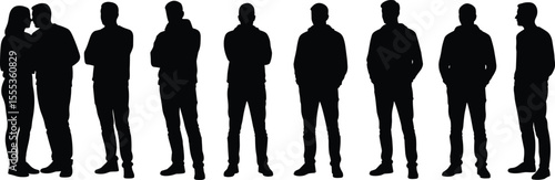 Silhouette group of people, standing pose, men and woman, casual clothing, black vector illustration, shadow figure, side view