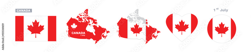 Naklejka premium canada flag and map set. canada flag in official colors and proportions. independence day 1 july, map, circle and heart shaped canada 