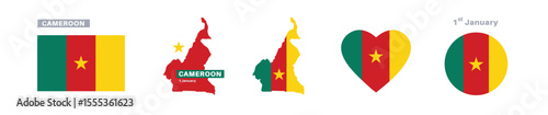 cameroon flag and map set. cameroon flag in official colors and proportions. independence day 1 january, map, circle and heart shaped cameroon 
