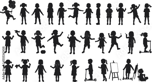 Vector illustration of active children silhouettes, playing, running, jumping, learning, holding balloons, using scooter, drawing and having fun together