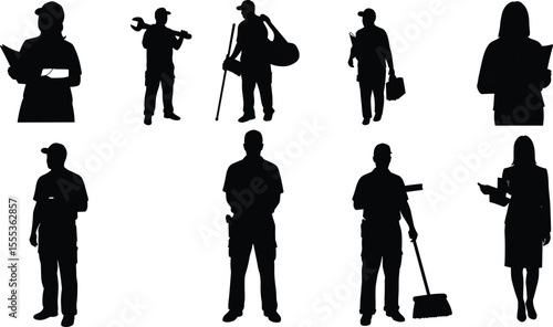 Vector illustration of worker silhouettes, people in different occupations, professionals, labor jobs, business figures, industry workforce, career roles in black