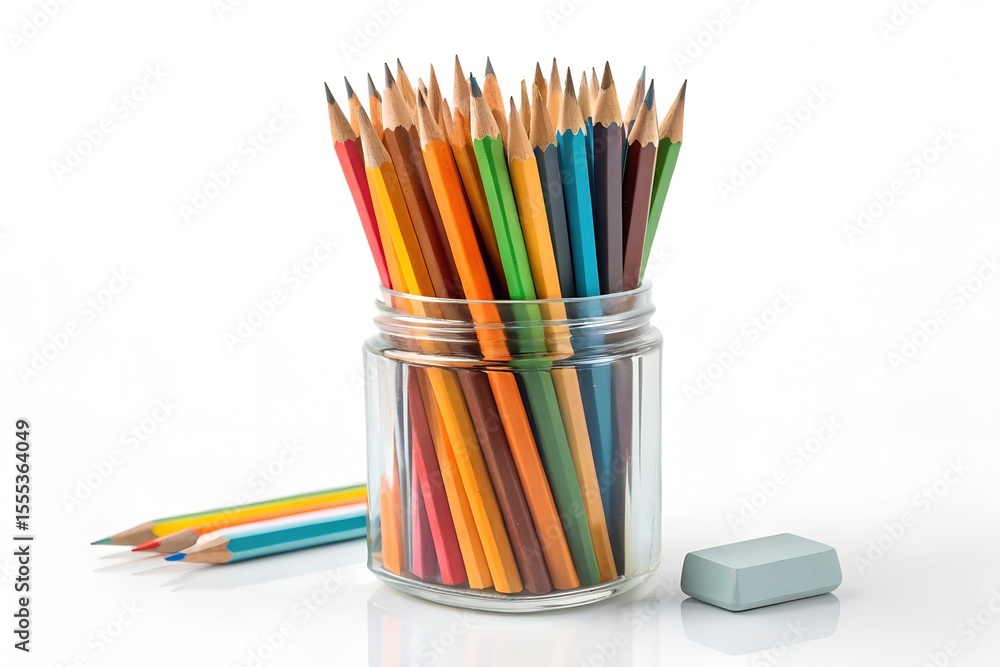 Fototapeta premium Colorful pencils in a glass jar with an eraser isolated on white background