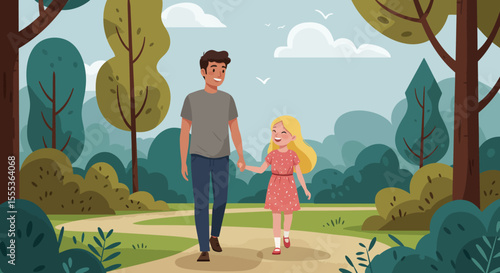 A father and daughter walk handinhand on a path in a stylized park or forest setting