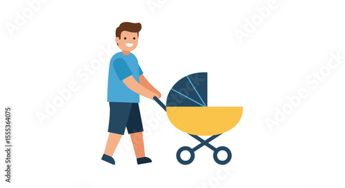 A smiling man pushes a yellow stroller with dark blue accents