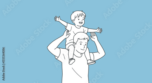 Father carrying child on shoulders arms raised against light blue background