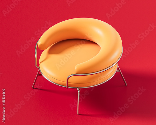 Orange round chair with a crescent-shaped backrest and a minimalist metal frame, offering a distinctive and artistic design on red. Single color furniture, 3d render