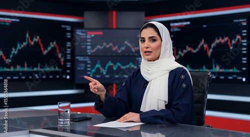 Confident Female Anchor Delivers Financial News in Modern Studio