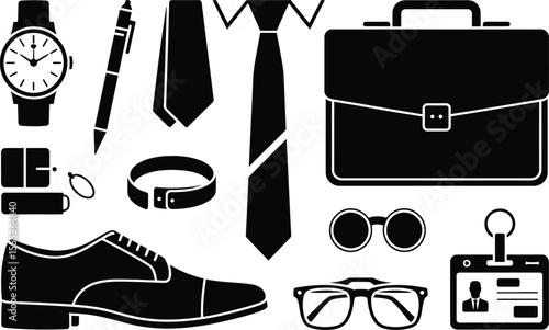 Black and White Businessman Accessories Icons Set briefcase