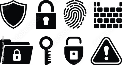 Black Security Icons Set Padlock Key Fingerprint Shield Folder Warning