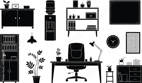 Black and White Office Workspace Icons Desk Chair Plants
