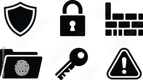 Black Security Icons Set Shield Lock Key Fingerprint Firewall Warning