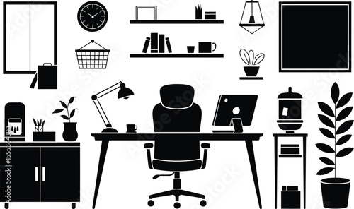 Black and White Home Office Workspace Icons Desk Chair Plants