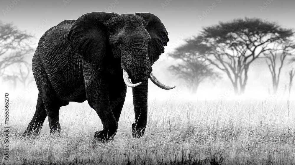 Naklejka premium Majestic Elephant In Monochromatic Savanna Landscape