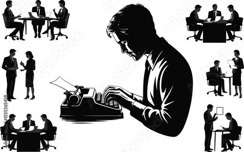 Man Typing on Vintage Typewriter Black and White Silhouettes Business Meetings