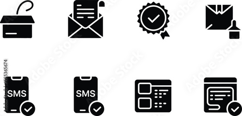 Black Glyph Icons Set Delivery S M S Approved Package